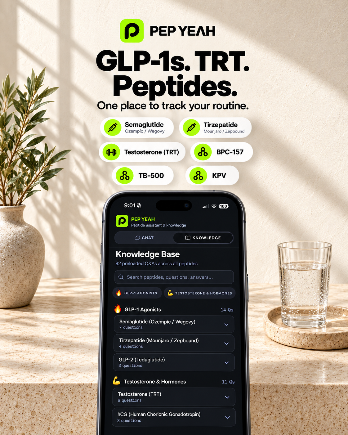 GLP-1s. TRT. Peptides. One place to track your routine. Knowledge base.