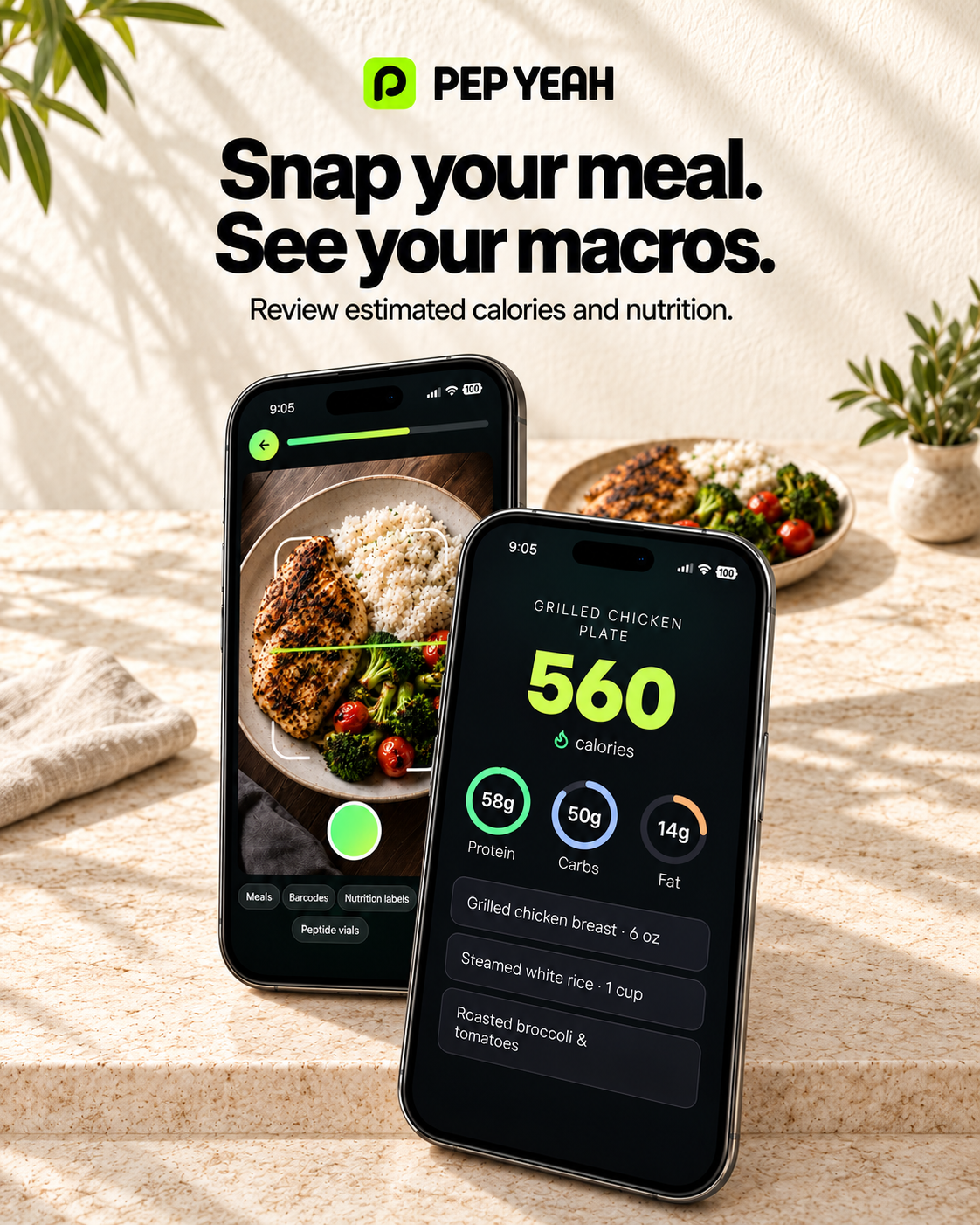 Snap your meal. See your macros. Meal photo with macro breakdown.